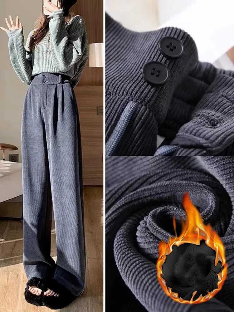 High Waist Plus Velvet Wide Leg Pants Casual Winter Warm Straight Pantalones Fashion Thicken Up to 2xl