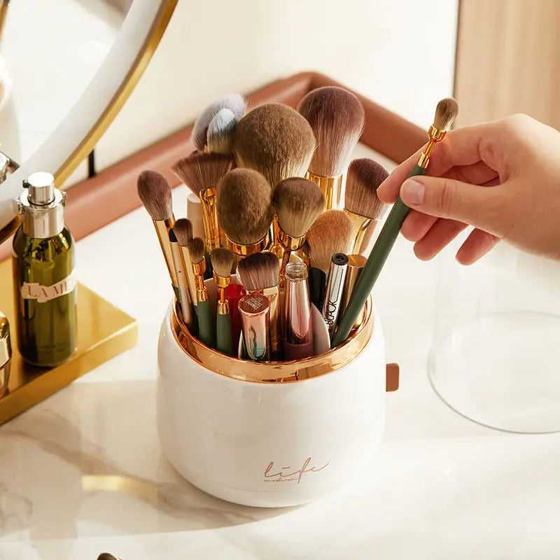 Rotating Design for Easy Access. Organizes Makeup, Brushes, Jewelry, and More. Luxury and Stylish Look for Bathroom or Vanity. Convenient, Space-Saving Beauty Solution.