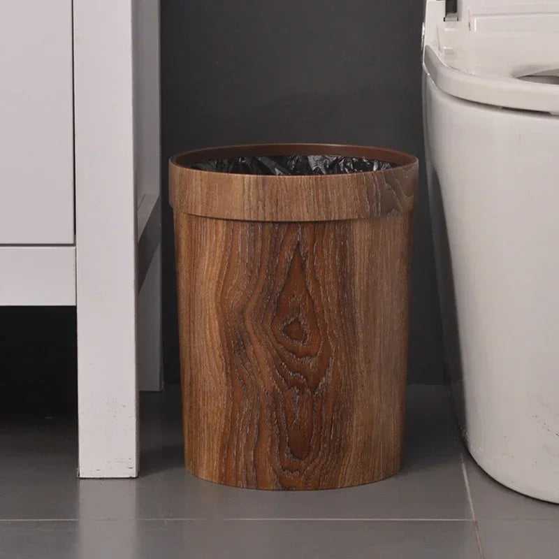 Wooden Grain Trash Can - Embrace Eco-Friendliness with Sustainable Style. Retro Wooden Grain Design. Durable and Sturdy Construction. Ideal for Elegant Home Decor and Waste Management.