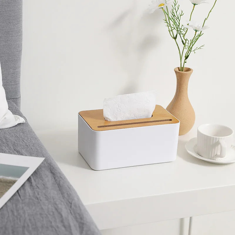 Wooden Tissue Box - Detachable Top, Elegant White/Wood Look, Simple and Sleek Design, Convenient and Practical Living Companion.