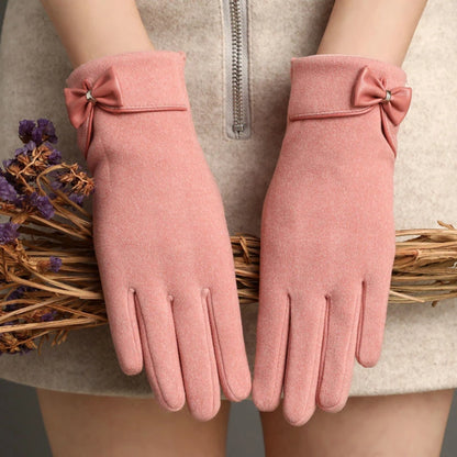 Elegant Women's Gloves - Coral Fleece, Plush Velvet Inside. Windproof for Ultimate Protection. Delicate Petite Bow for a Touch of Charm.